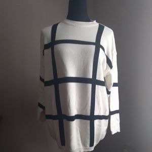 Liz & Co. White Cotton Sweater w/ Black Stripes | Size L